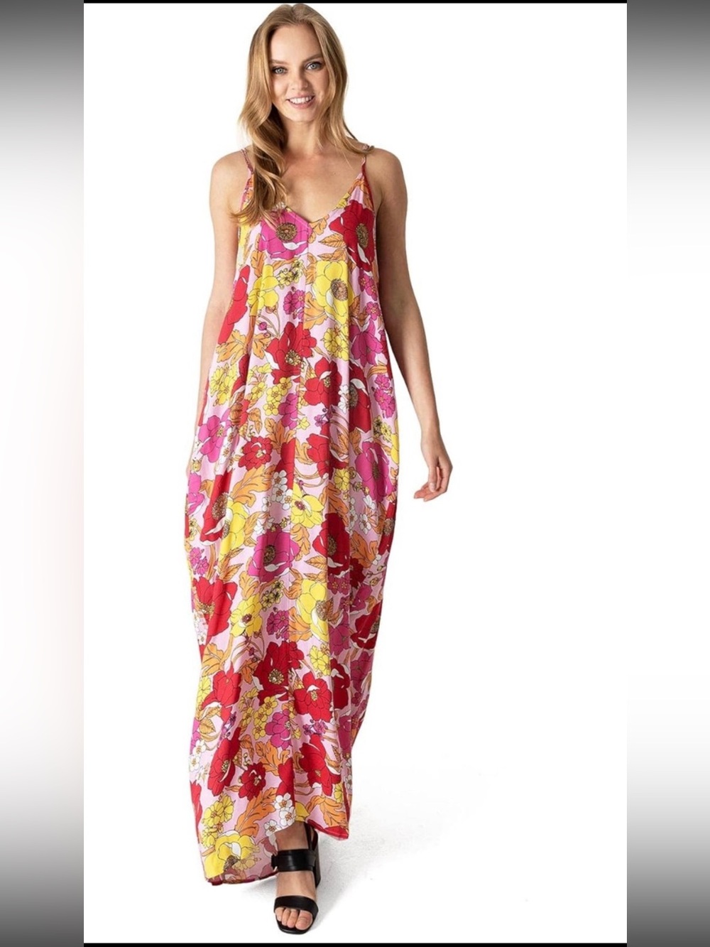 Lovestitch Vibrant Bold Floral Maxi Dress Pockets Womens Size Med/Large